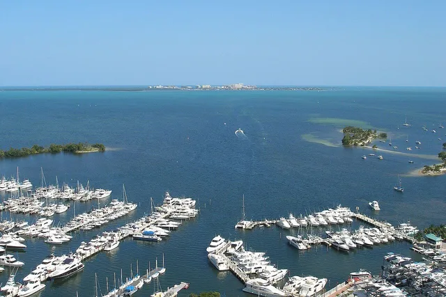 A view east across Biscayne Bay to Key Biscayne from Coconut Grove Marina, Coconut Grove, Miami, Florida March