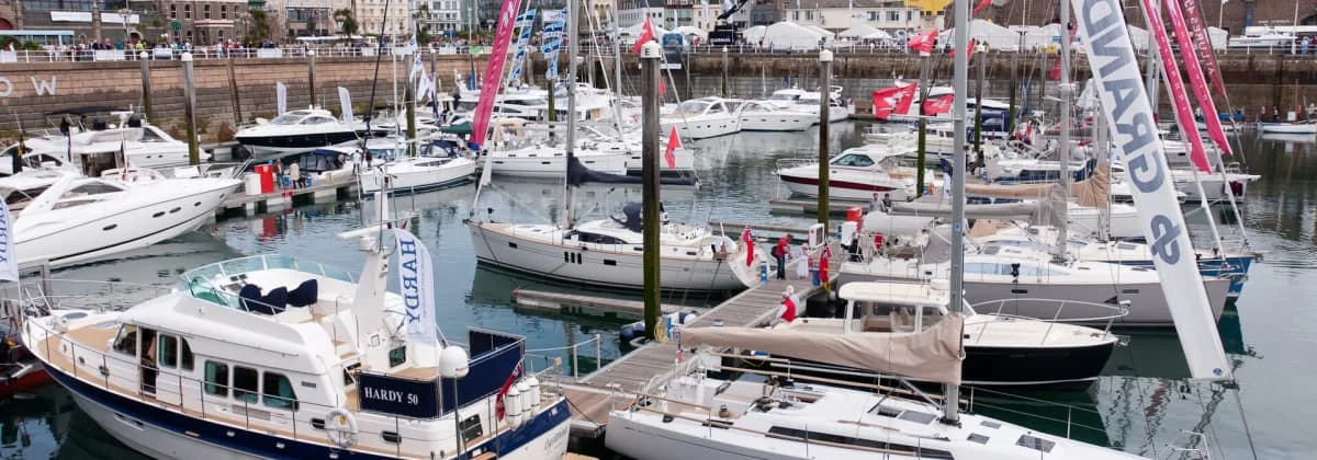 Motor yachts on display at a boat show