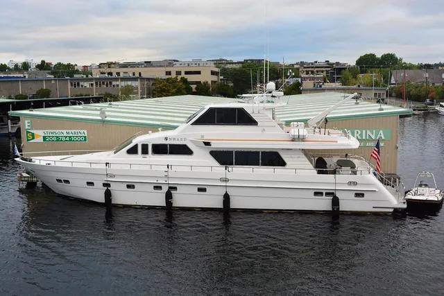 A motor yacht berthed at Stimson Marina in Seattle