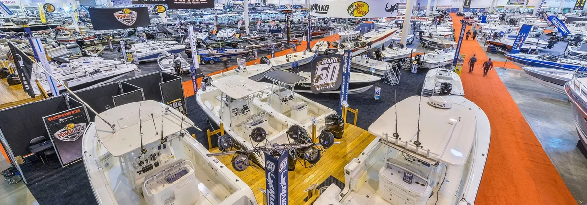 Centre console boats on display on the floor of the Houston Boat Show