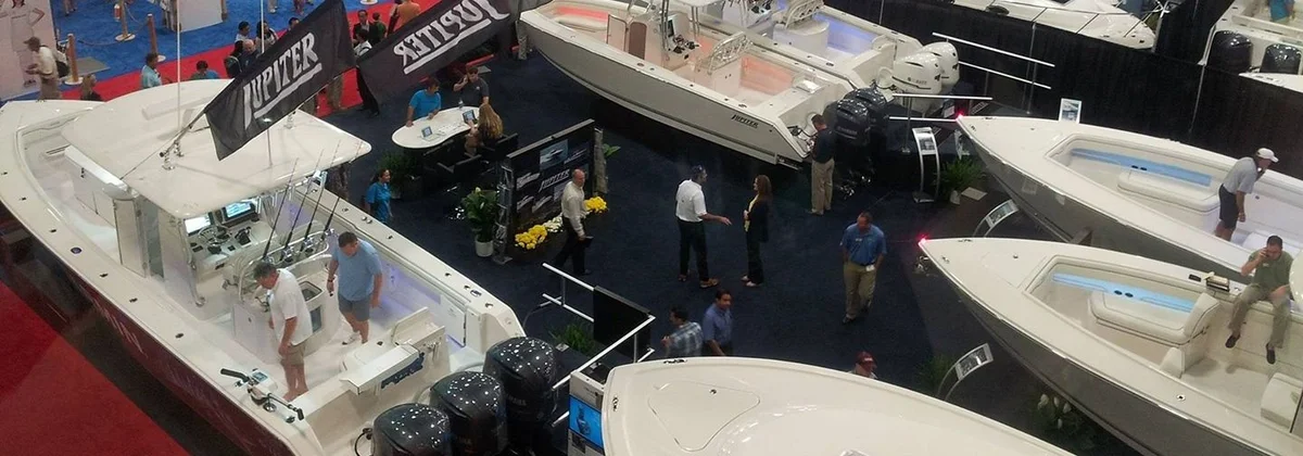 Boats on display inside the Miami International Boat Show