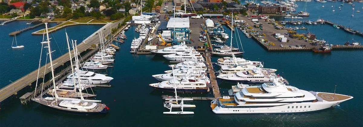 Aerial view of superyachts and sailing yachts at Newport Shipyard, Rhode Island
