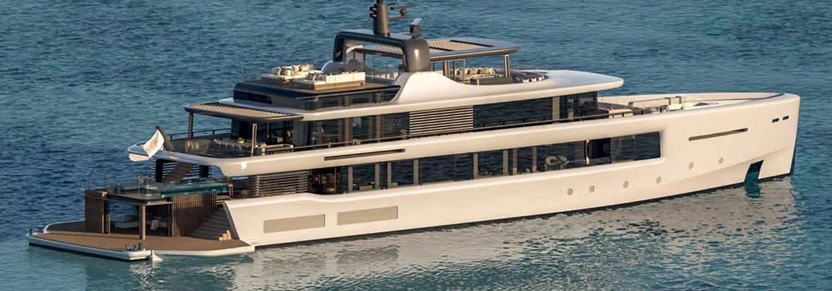 Benetti tri-deck superyacht at anchor on calm water