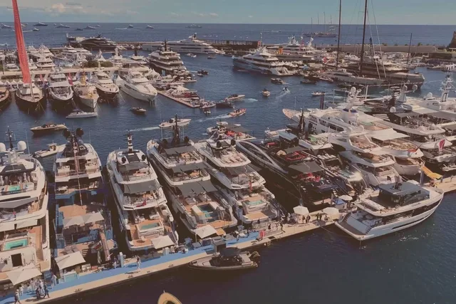 Aerial view of yachts packed along the pontoons at the Monaco Yacht Show