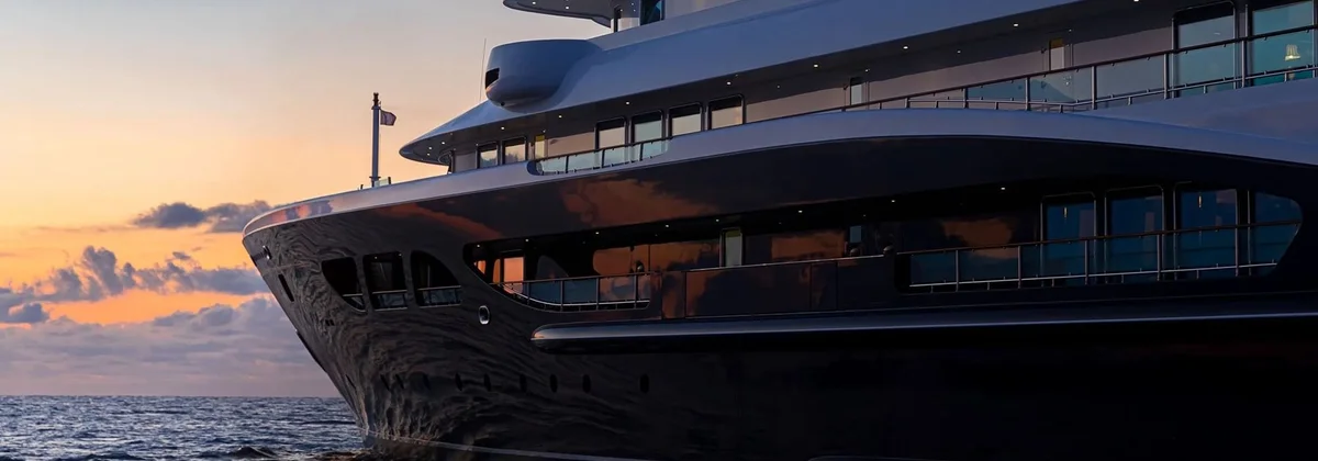 Bow of the charter superyacht Carinthia at sunset