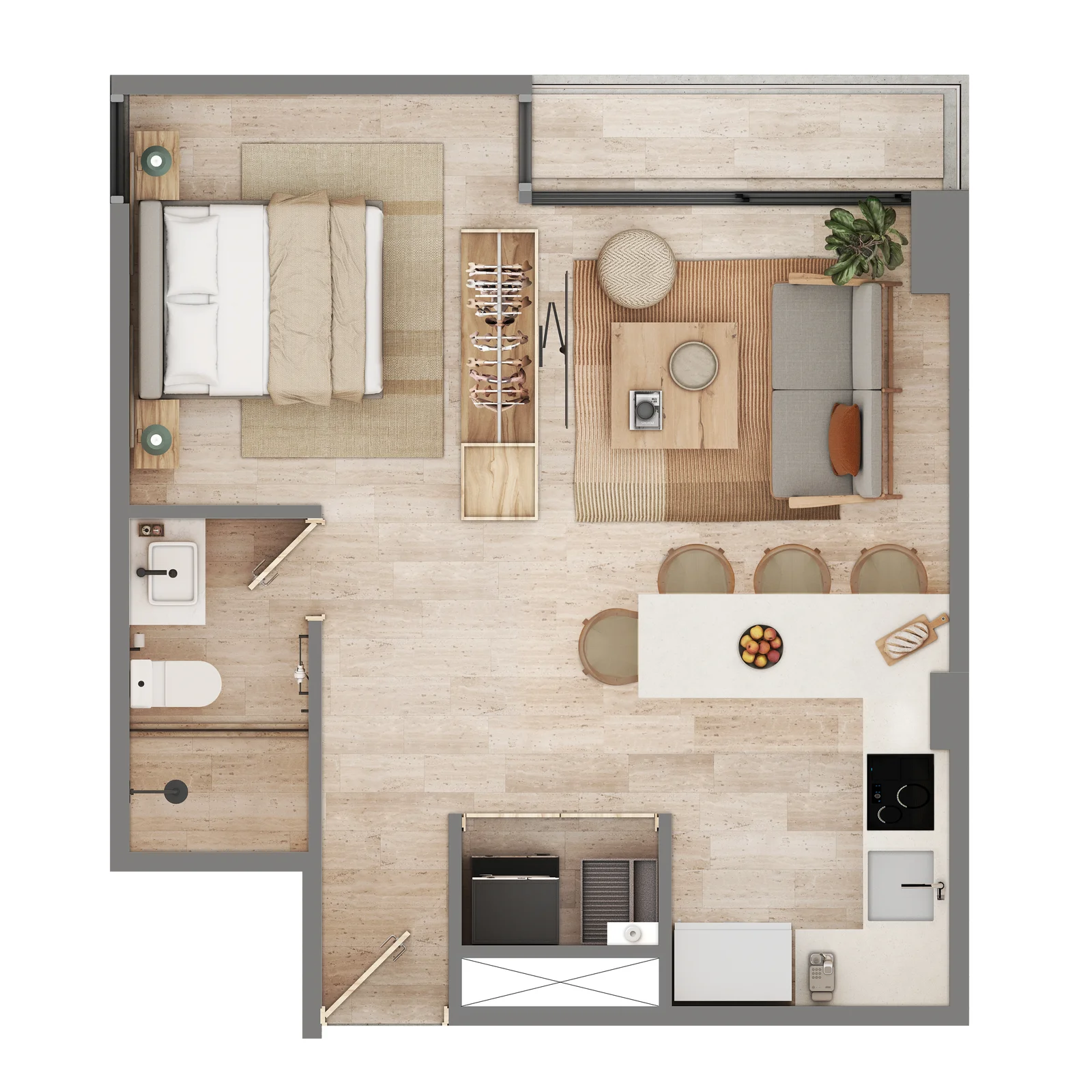 Floor plan of the Zenit Cancún type B one-bedroom apartment, 47.02 m²