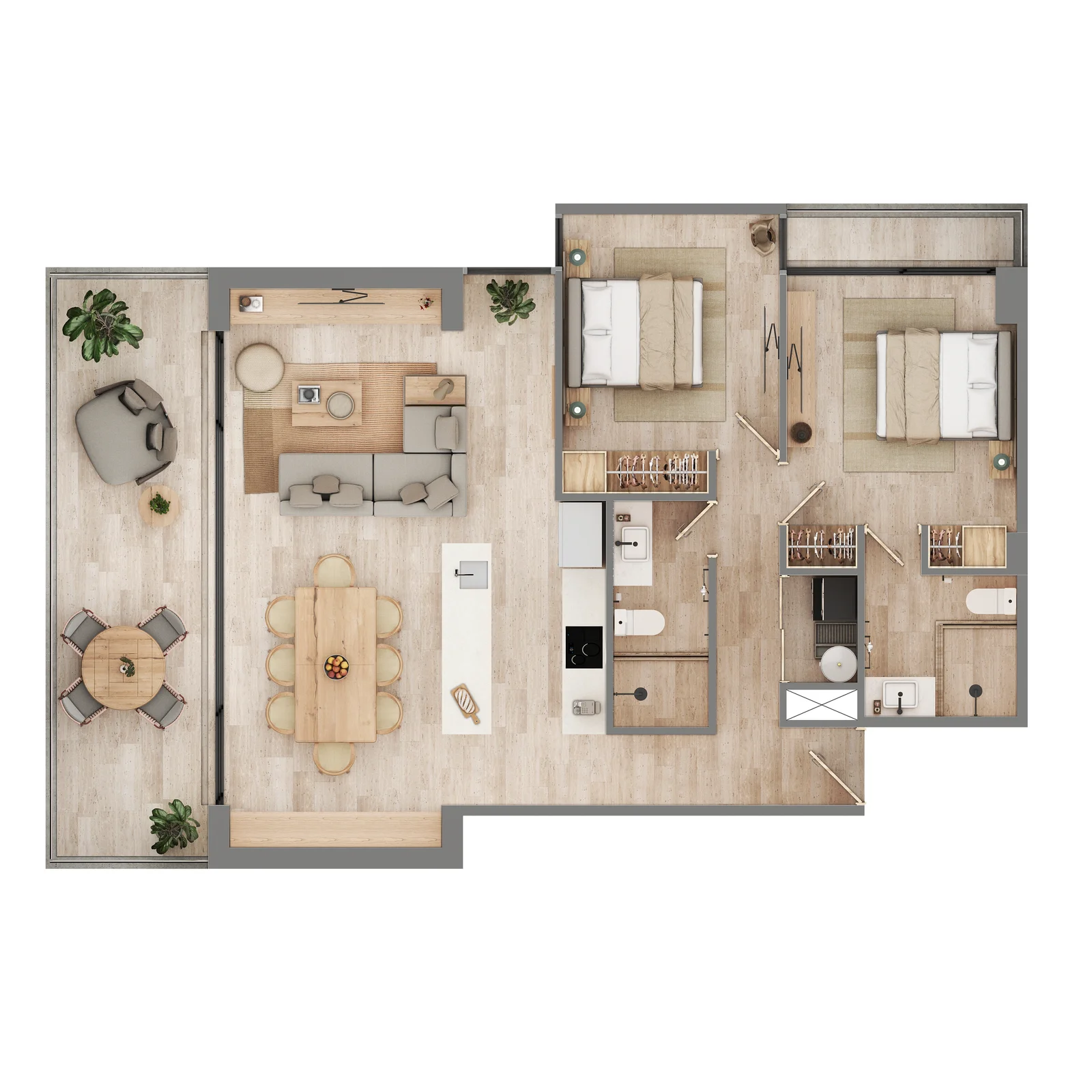 Floor plan of the Zenit Cancún type E two-bedroom apartment, 114.53 m²