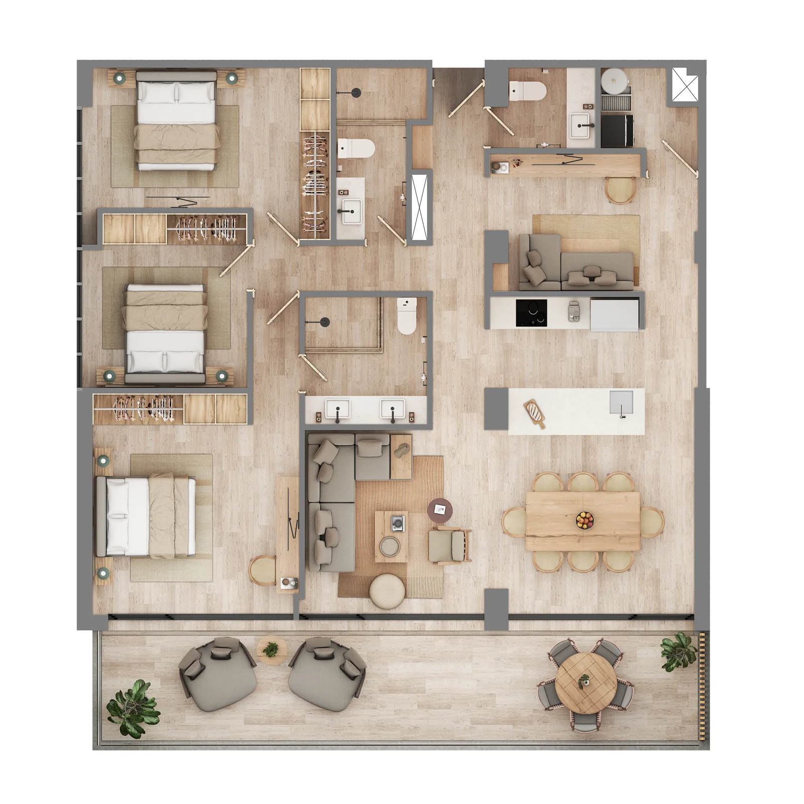 Floor plan of the Zenit Cancún type G three-bedroom apartment with family room, 157.34 m²
