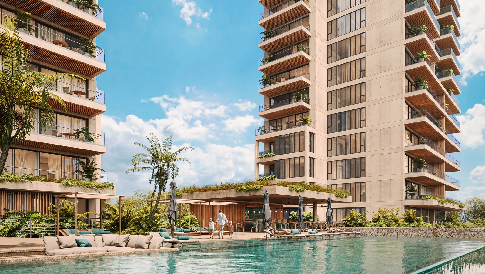 Infinity pool and sun deck between the Zenit Cancún towers