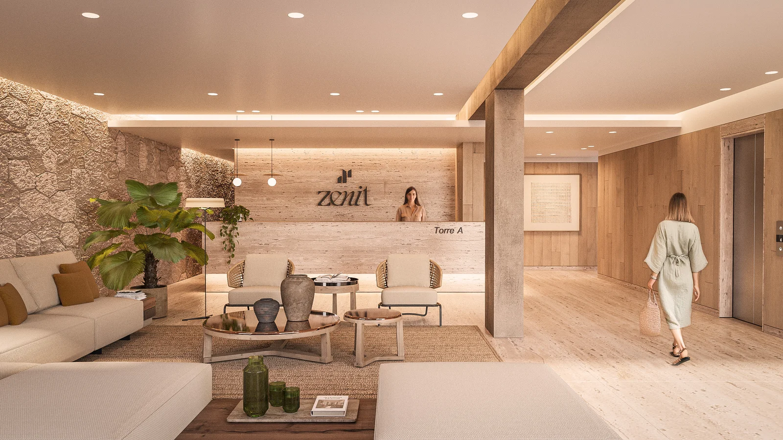Zenit Cancún lobby with stone wall and reception desk