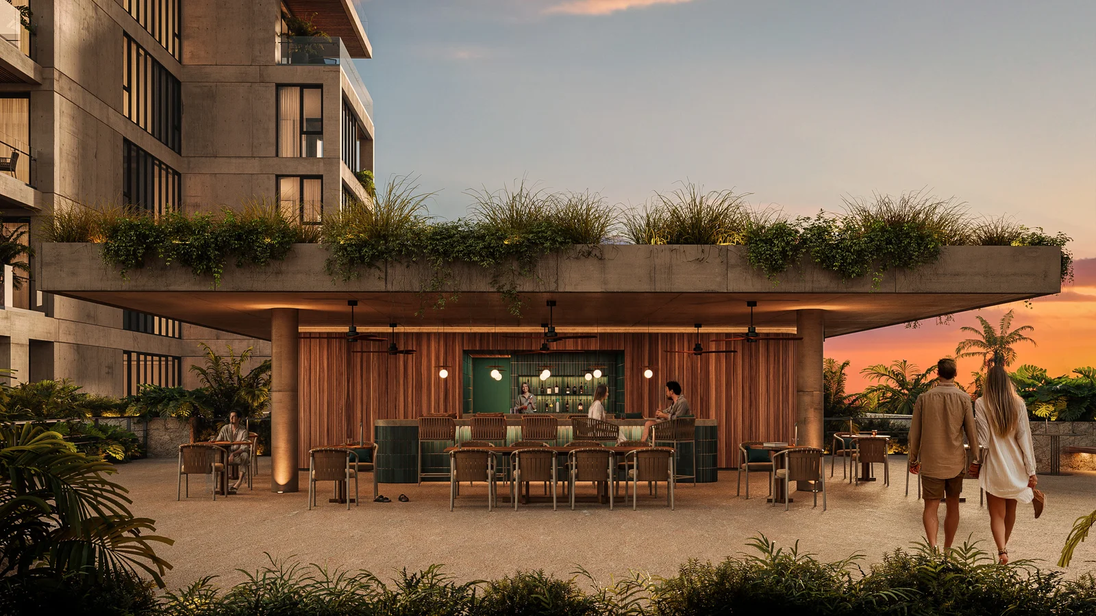 Pool bistro under a planted canopy at Zenit Cancún