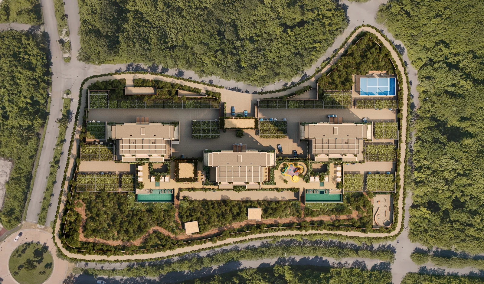 Zenit Cancún master plan render showing three towers, two pools, padel court and walking paths