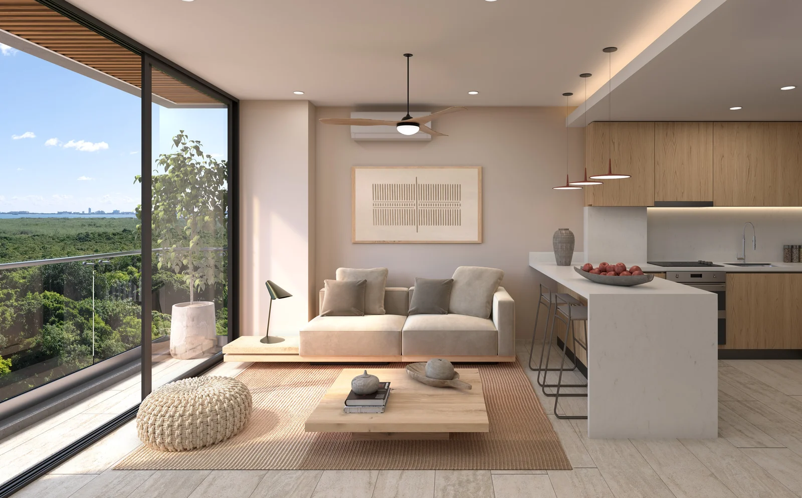 Living room and open kitchen of a Zenit Cancún type B one-bedroom apartment with terrace