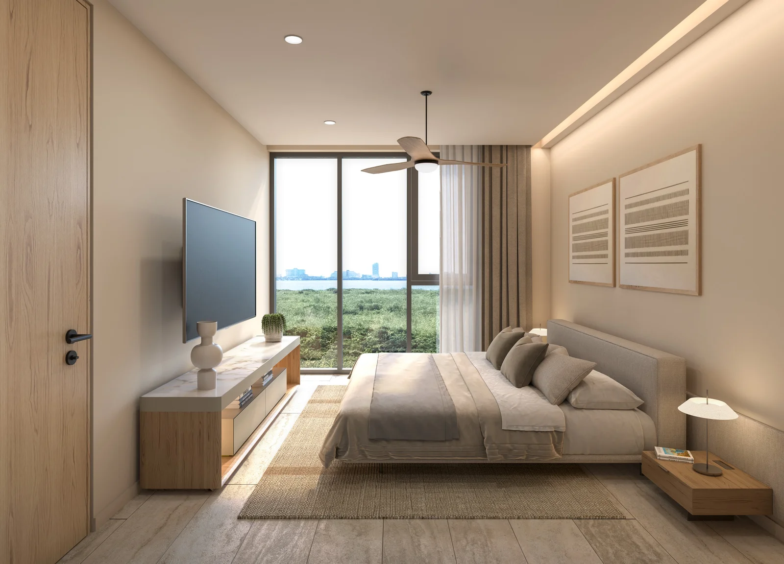 Bedroom of a Zenit Cancún type E two-bedroom apartment with travertine floor and lagoon view