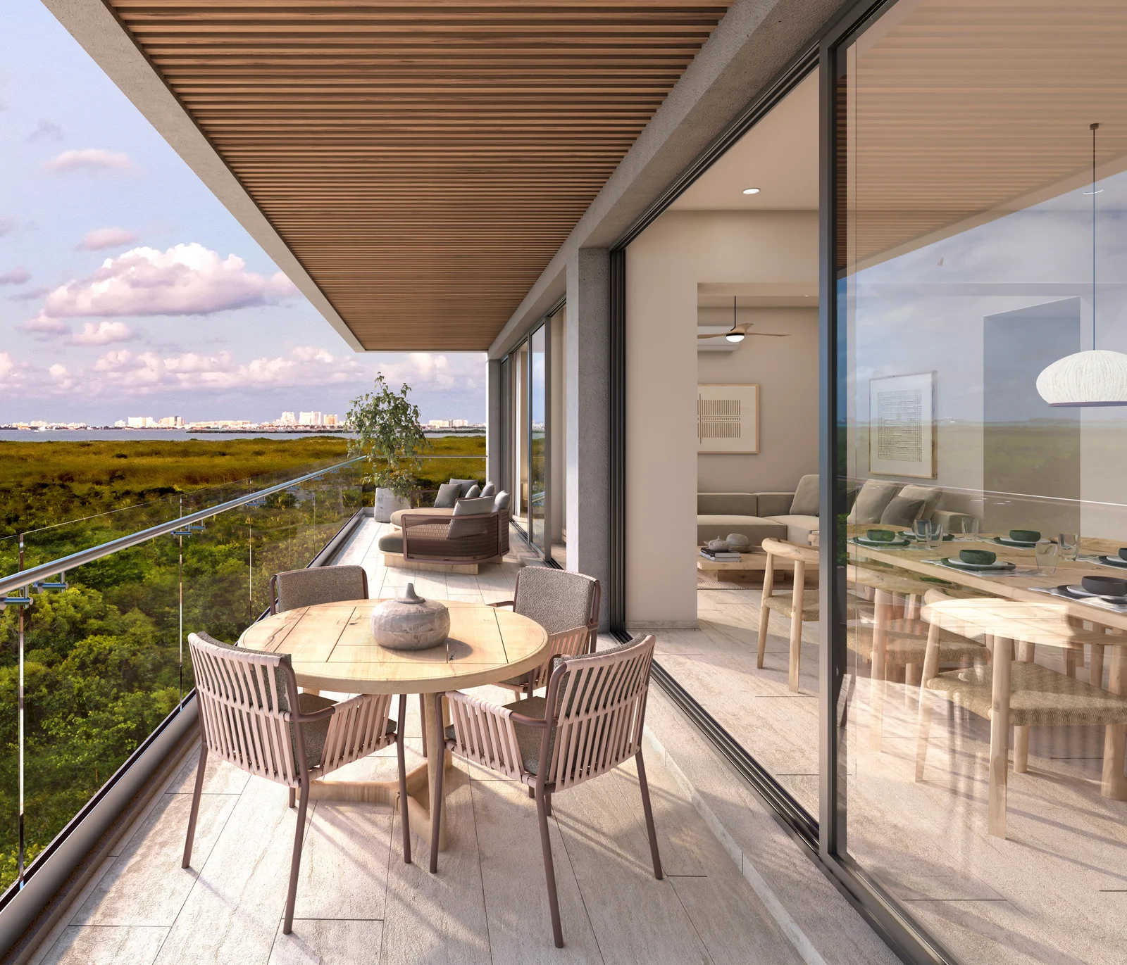 Terrace of a Zenit Cancún type G three-bedroom apartment overlooking green areas and the lagoon