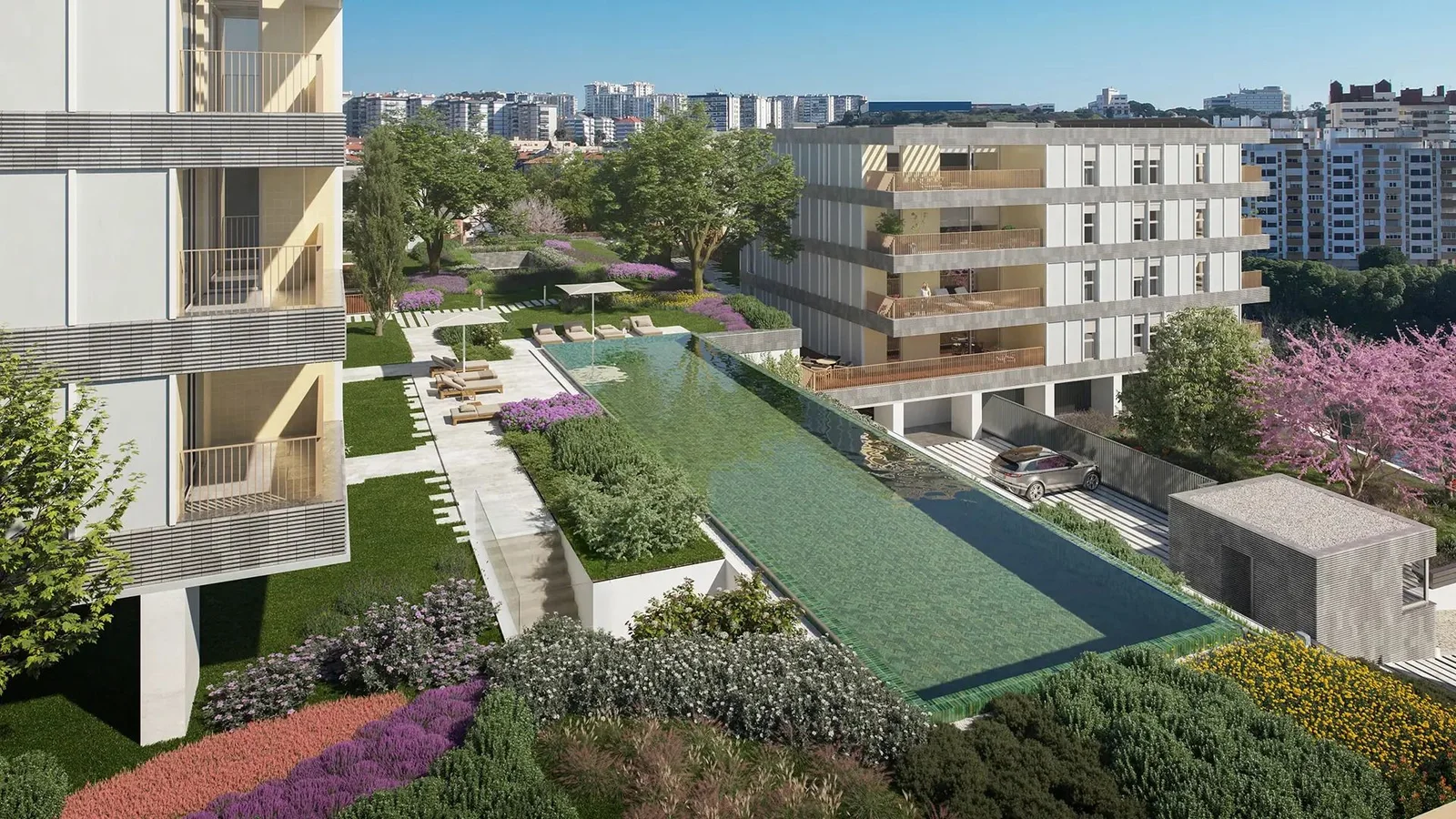 Garden and pool between the apartment blocks of Elements Jamor, Oeiras (developer render)
