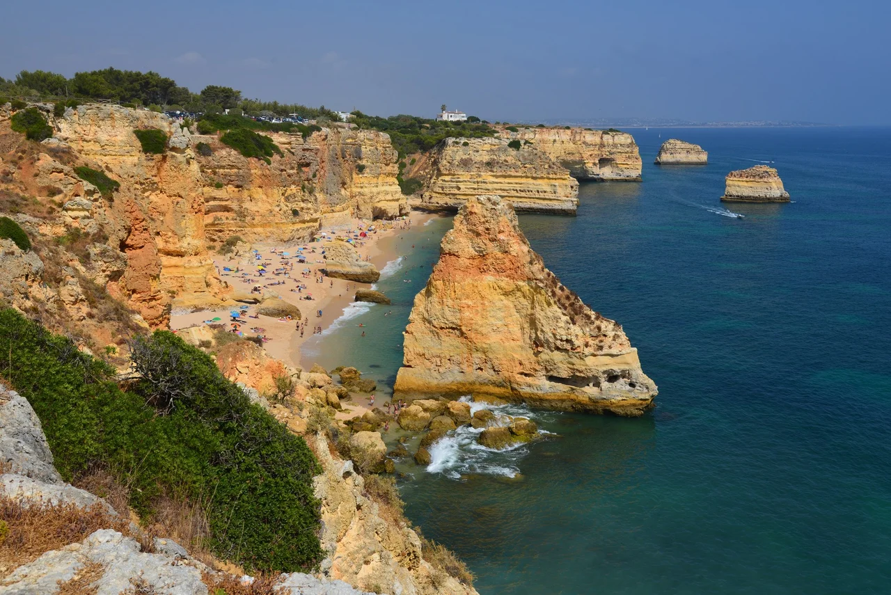Limestone cliffs and coves at Praia da Marinha on the central Algarve