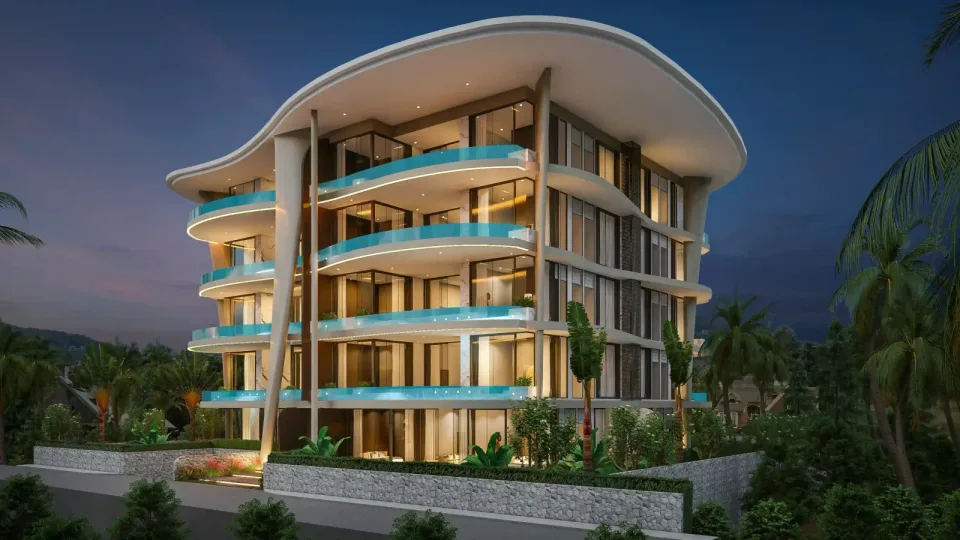 Andaman Boutique Residences exterior perspective showing building scale and tropical grounds context