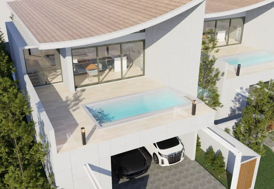 The Trinity Village exterior pool villa view
