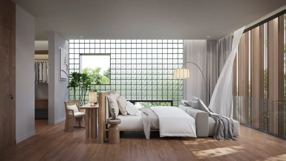 Mono Oxygen Bang Tao Phase 2, bedroom with glazed opening to the garden