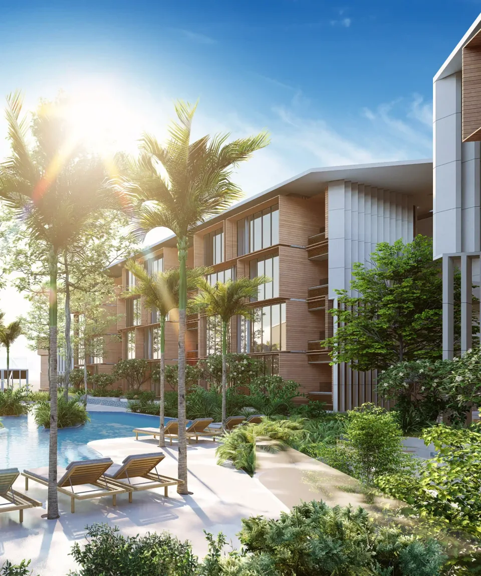 Platinum Bay building facade showing the architectural character of the development set within mature tropical gardens near Kamala Beach