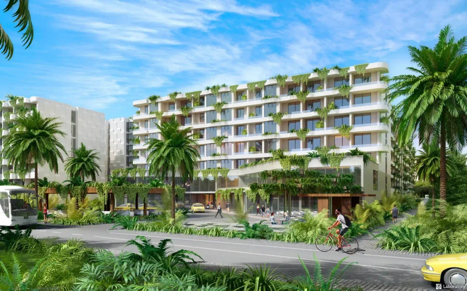 Layan Green Park Phase 2 exterior, five 7-storey buildings surrounded by landscaped gardens