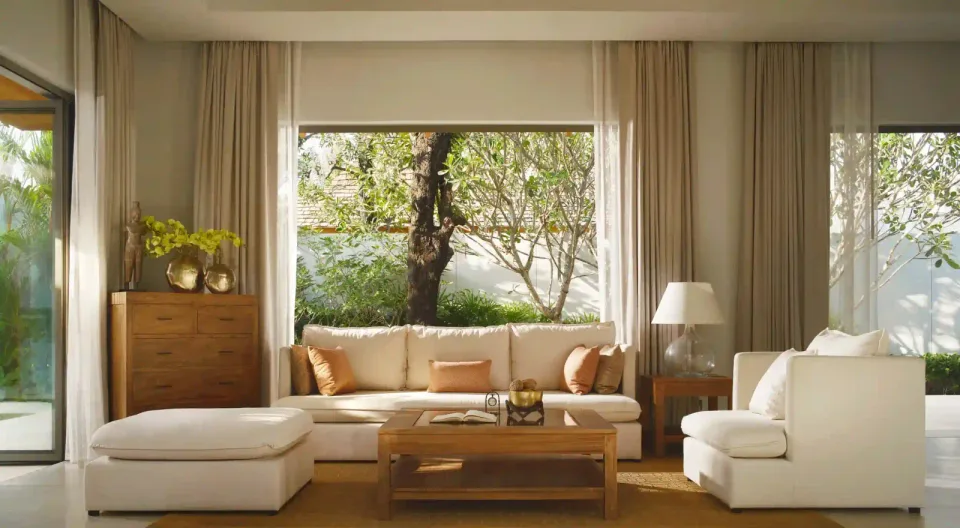Anchan Burgundy interior, open-plan living with tropical finishes
