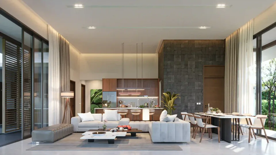 Villa Cerulean interior, master bedroom with garden outlook