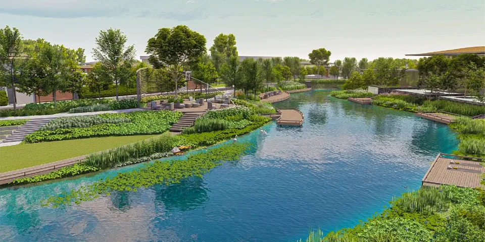 Botanica Grand Avenue, central lake and landscaped banks, developer render