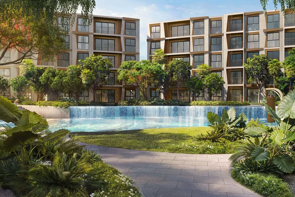 Rhea by Sansiri, Surin: residence blocks and pool, developer render