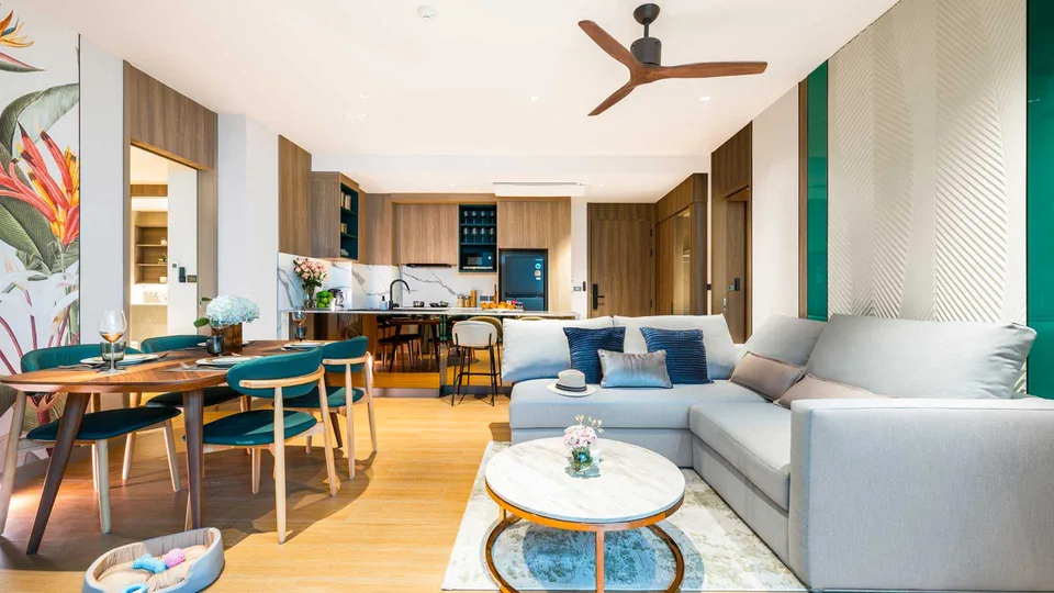 Skypark Elara Lakelands, living room and kitchen in a finished unit
