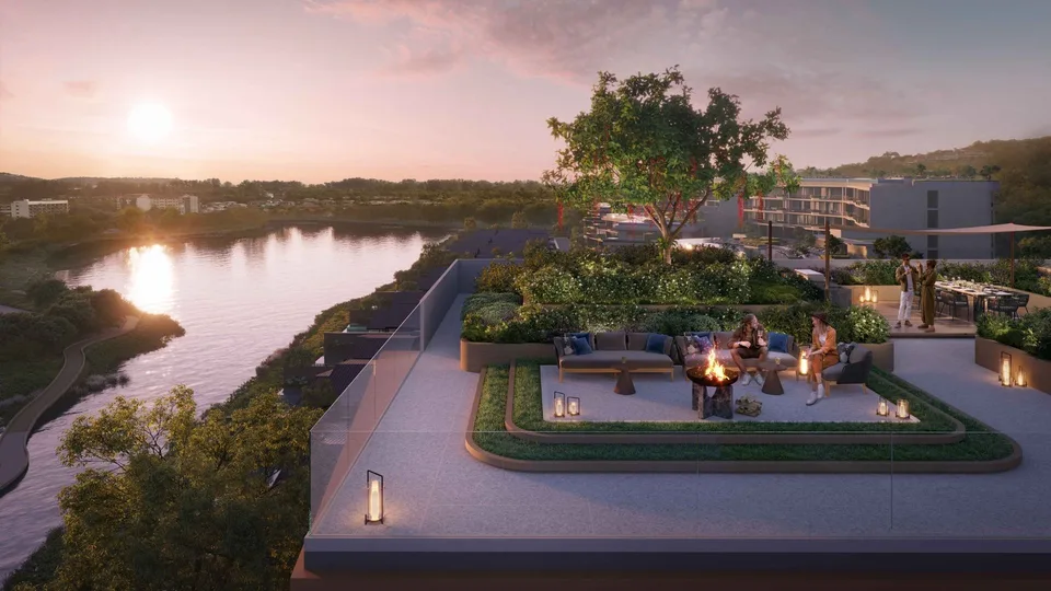 Skypark Elara Lakelands, rooftop terrace above the lake at sunset, developer render