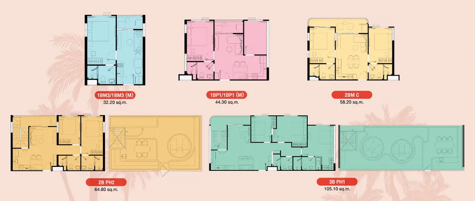 FIZZ floor plans of five unit types from a 32.2 sqm one-bedroom to a 105.1 sqm three-bedroom penthouse with roof terrace