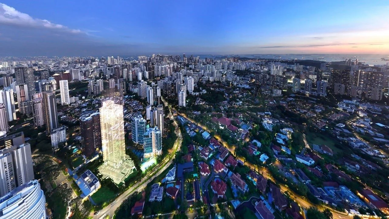 Orchard and the city at night from the air