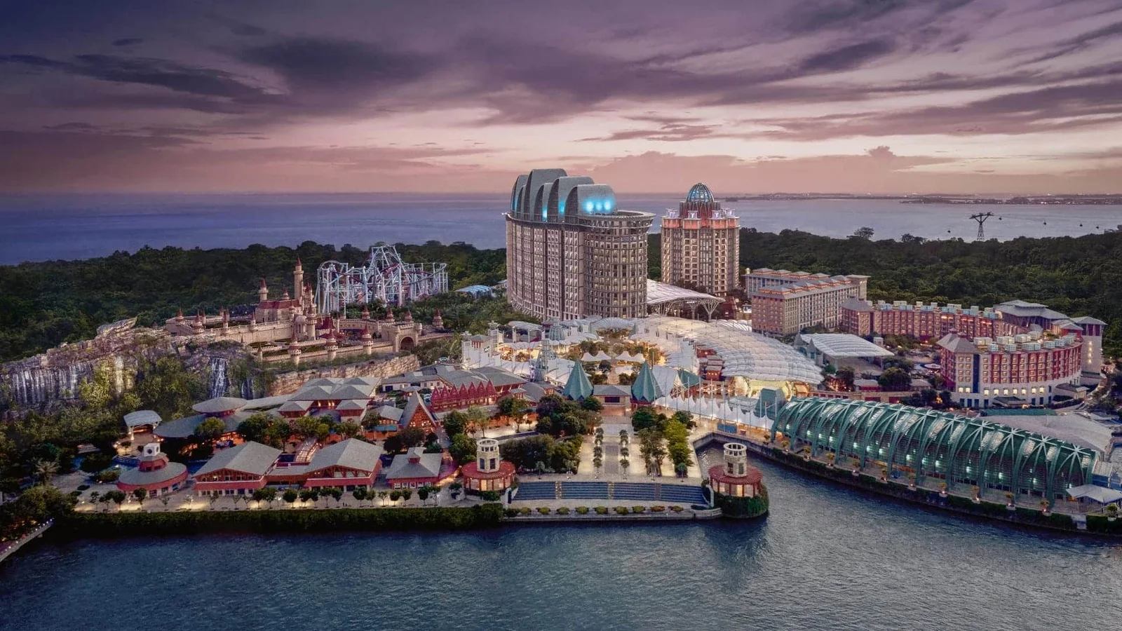 Resorts World Sentosa and the harbour at dusk