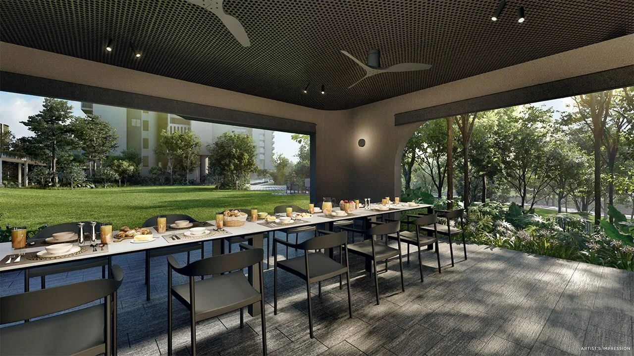 A dining pavilion at River Modern (developer render)