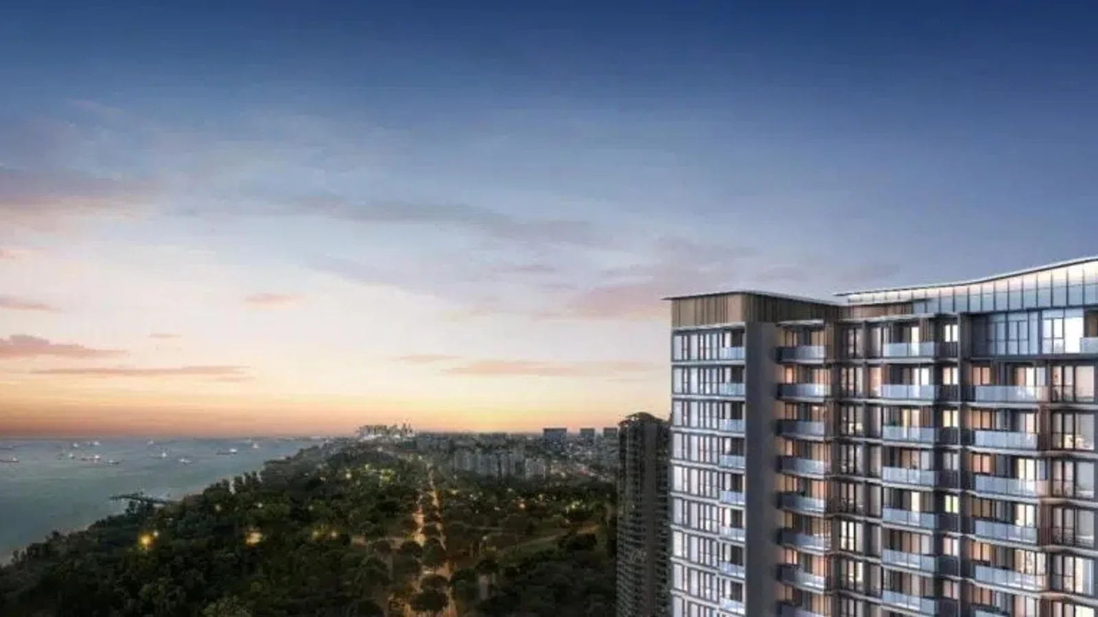 New homes on the Bayshore corridor at dusk (Vela Bay, developer render)
