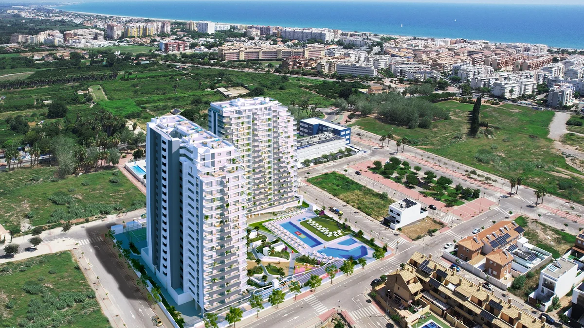 Aerial view of Sunrise Canet towers in Canet de Berenguer with the sea behind