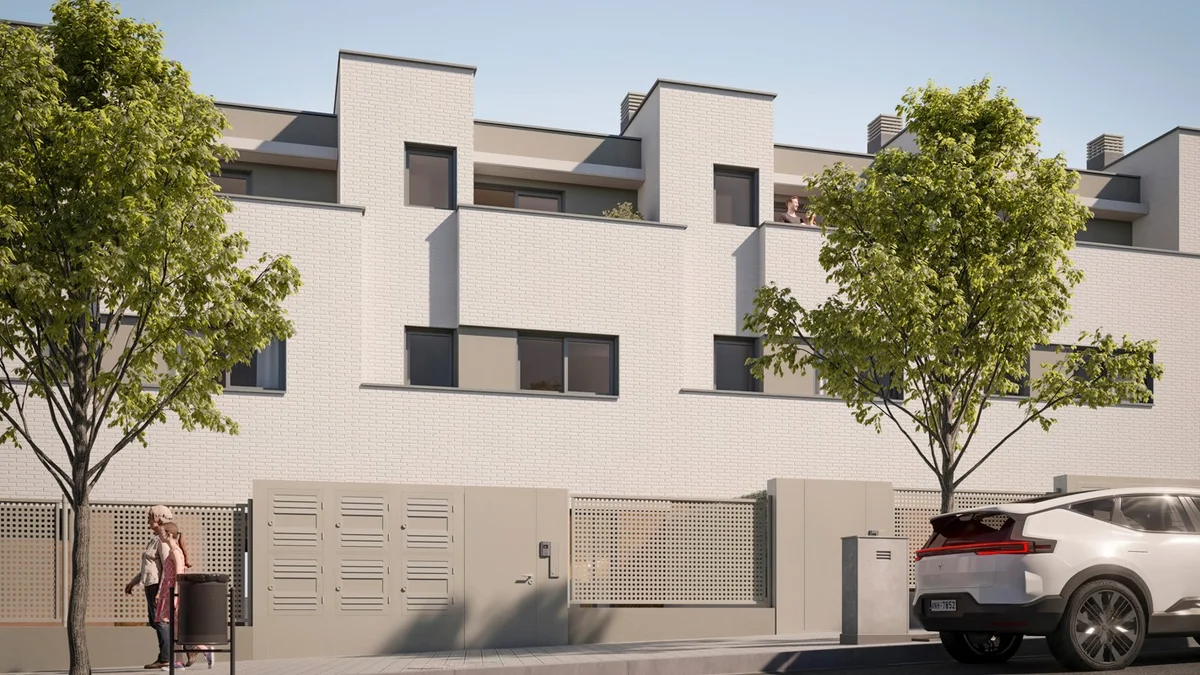 Atlas Homes in Rubi: street facade of the Neinor Homes townhouses with private entrances