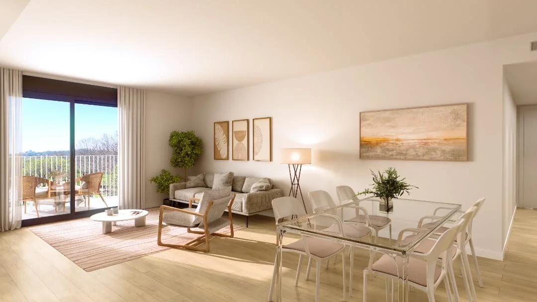 El Bosc de Castellar by Metrovacesa: bright living and dining room with a glass door to the terrace, Castellar del Valles