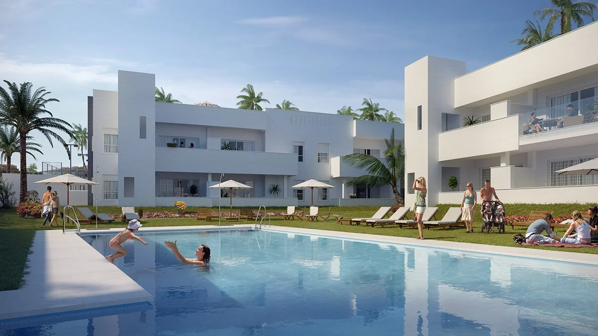 Pool and white apartment blocks at La Reserva de Los Naranjos, Marbella