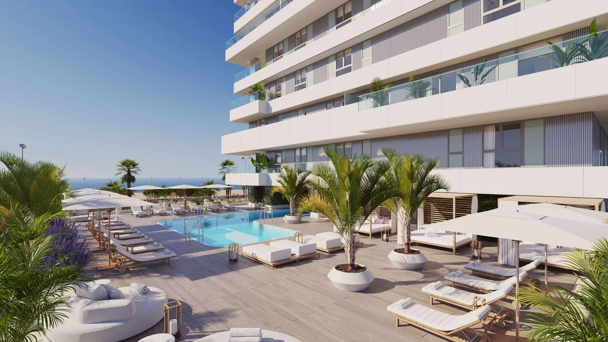 Malaga Towers Vision pool deck with loungers and sea view, Malaga