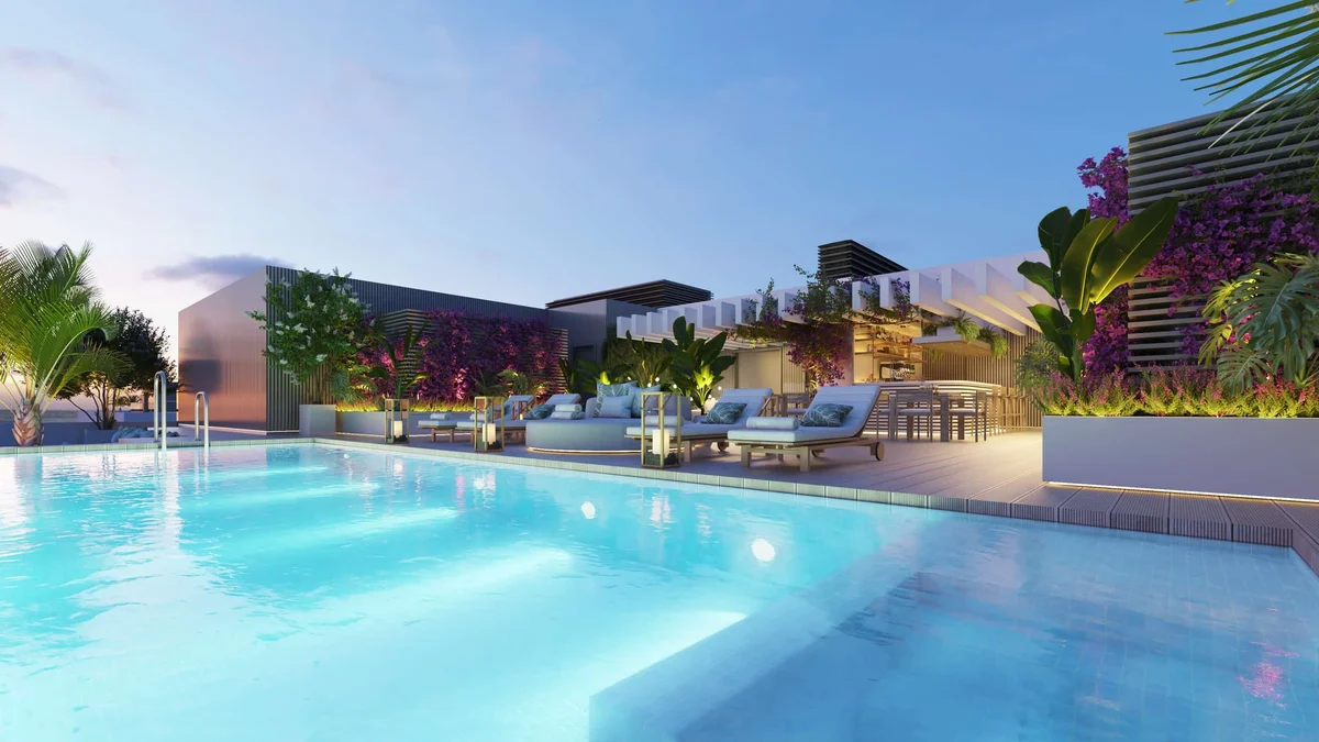 Malaga Towers Vision rooftop pool at dusk, Malaga