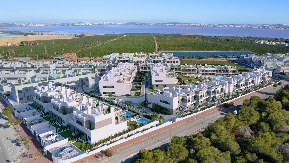 Aerial render of Coronella Living bungalows near the Pink Lagoon, Torrevieja