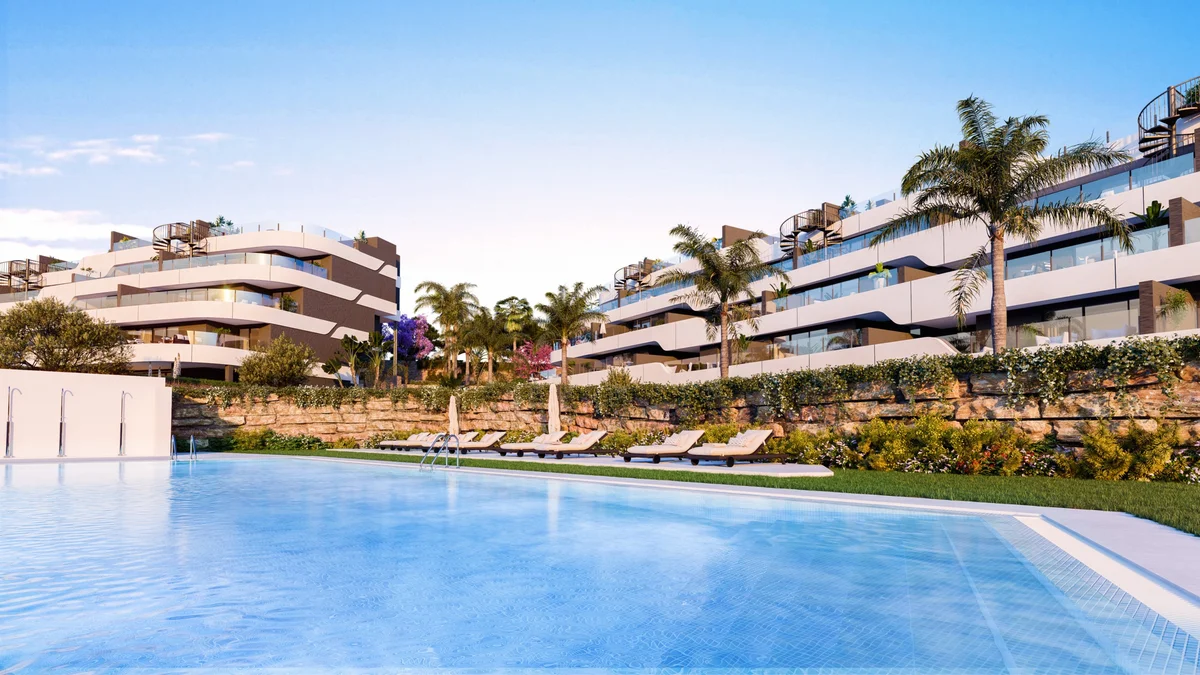 Oasis 325 by Kronos Homes, Estepona: pool and terraced apartment blocks