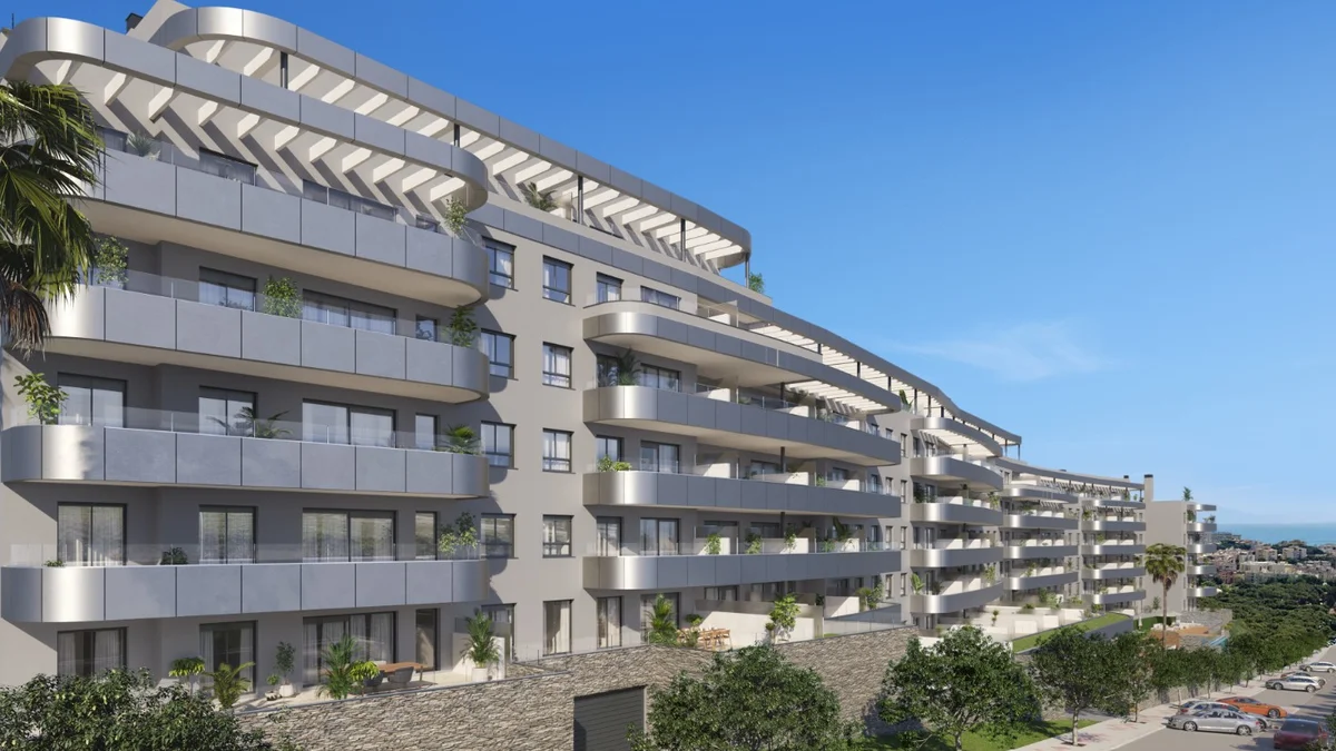 One Oak by Kronos Homes in Torremolinos, facade render with terraces and sea view