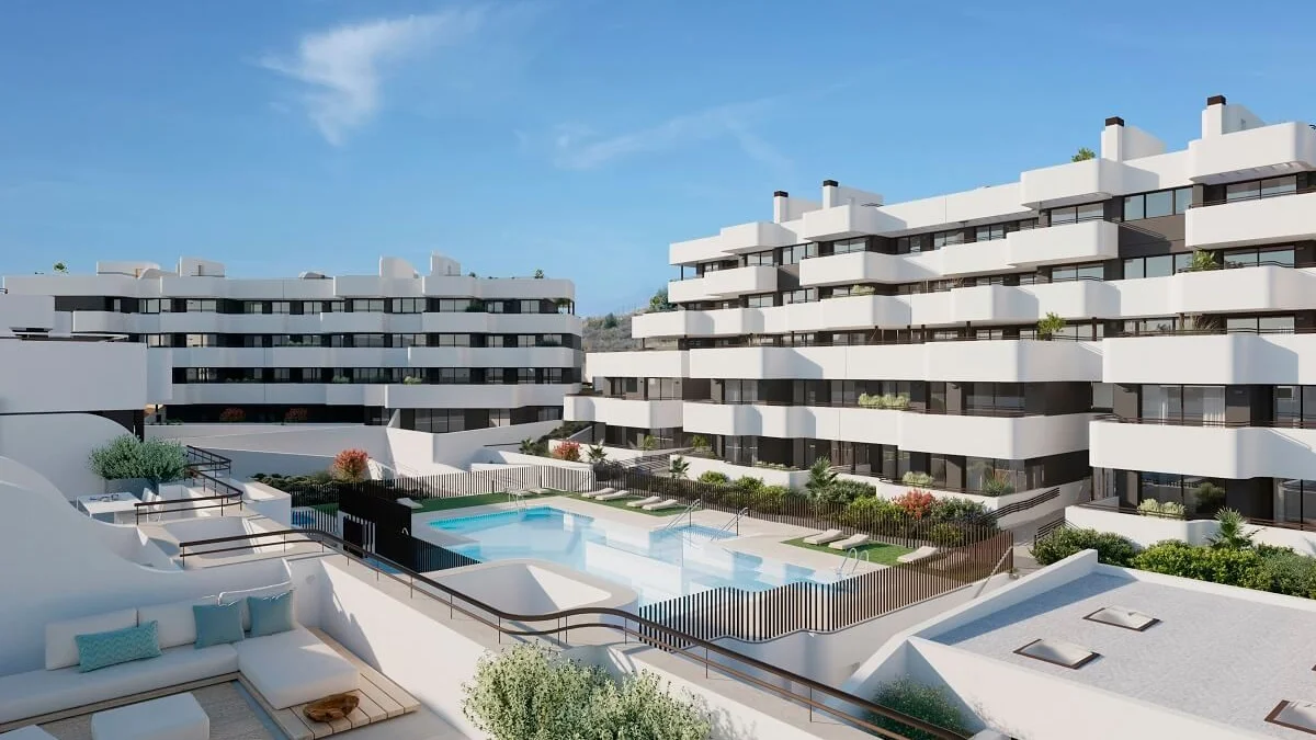 South Place by Aedas Homes in Las Mesas, Estepona: apartment blocks and pool