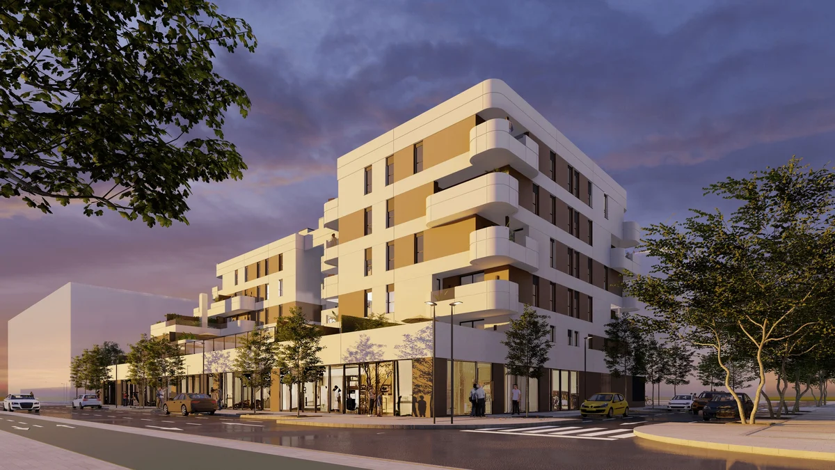 Residencial Moncayo apartment building by Metrovacesa at dusk, Palmas Altas, Seville