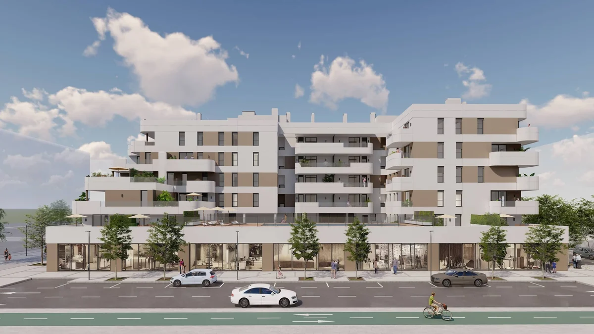 Street view render of Residencial Moncayo terraced apartment blocks, Palmas Altas, Seville