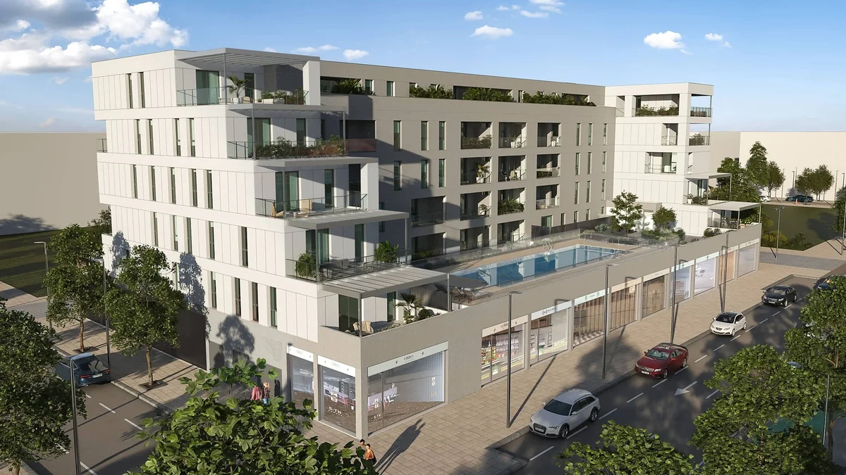 Residencial Urbion Palmas Altas by Metrovacesa in Seville, exterior render with rooftop pool